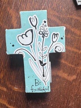 Turquoise Floral Decorative Cross "Be Faithful"